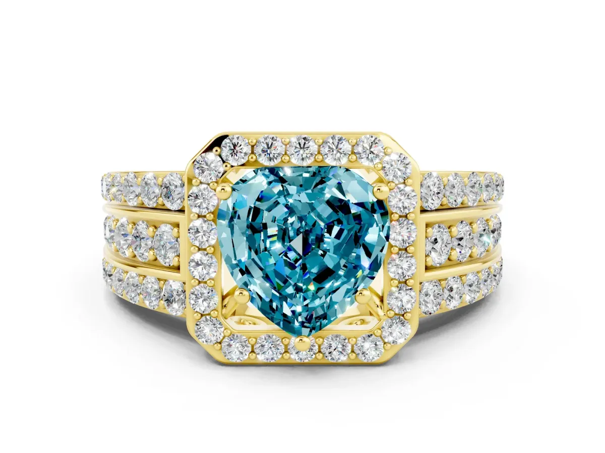 Heart Cut Halo Blue Topaz Ring with Round Split Shank and Prong Setting Yellow gold