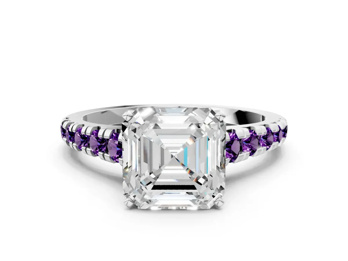 Asscher Cut Diamond Cathedral Solitaire Ring with Round Amethyst Pavé Band Platinum