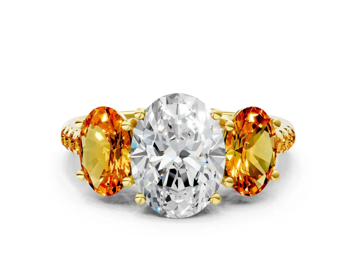 Three-Stone Oval Cut Diamond Ring with Round Citrine Pavé Band and Prong Setting Yellow gold