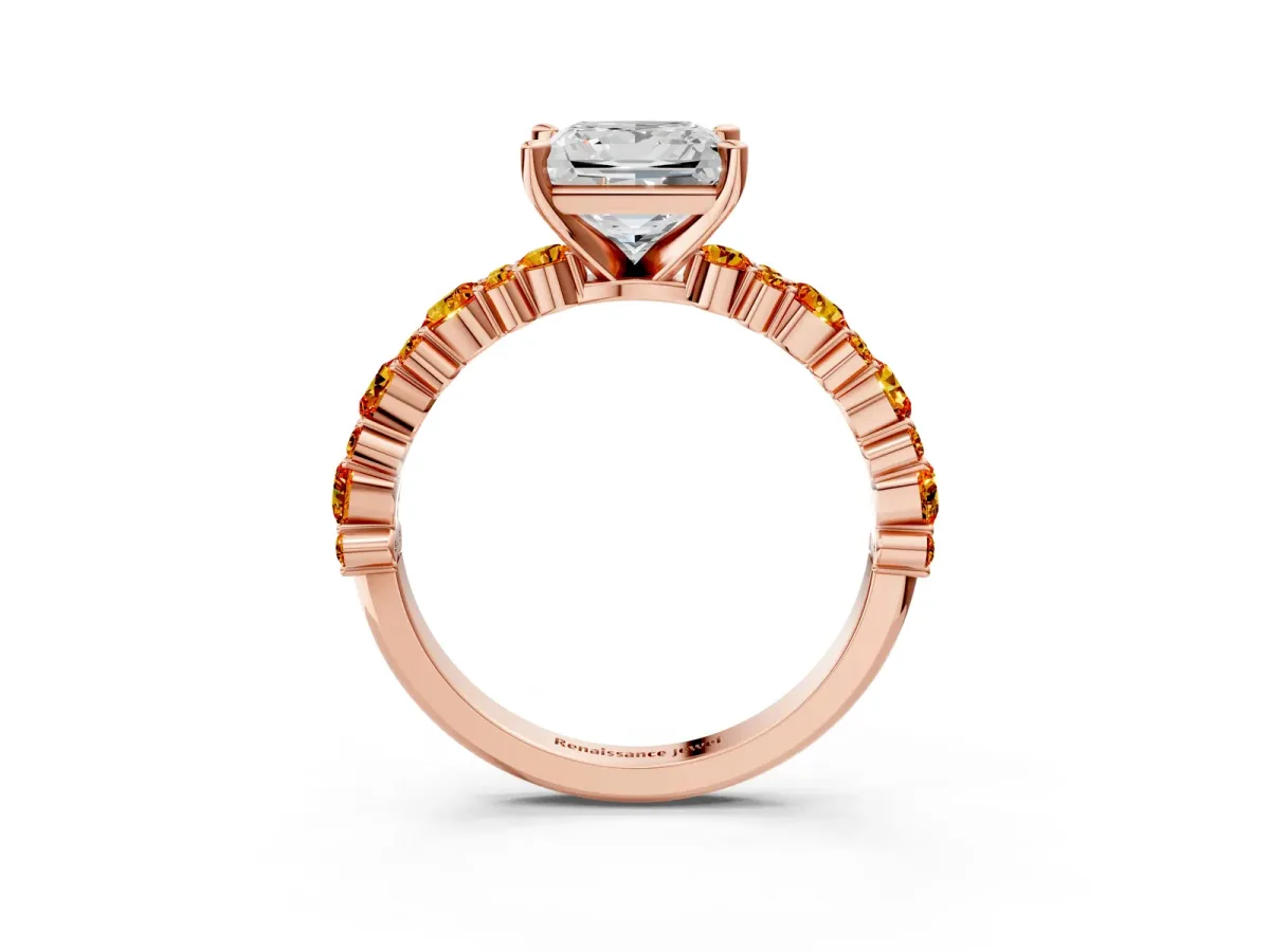 Princess Cut Diamond Side Stone Solitaire Ring with Round Citrine and Four-Prong Setting Rose gold