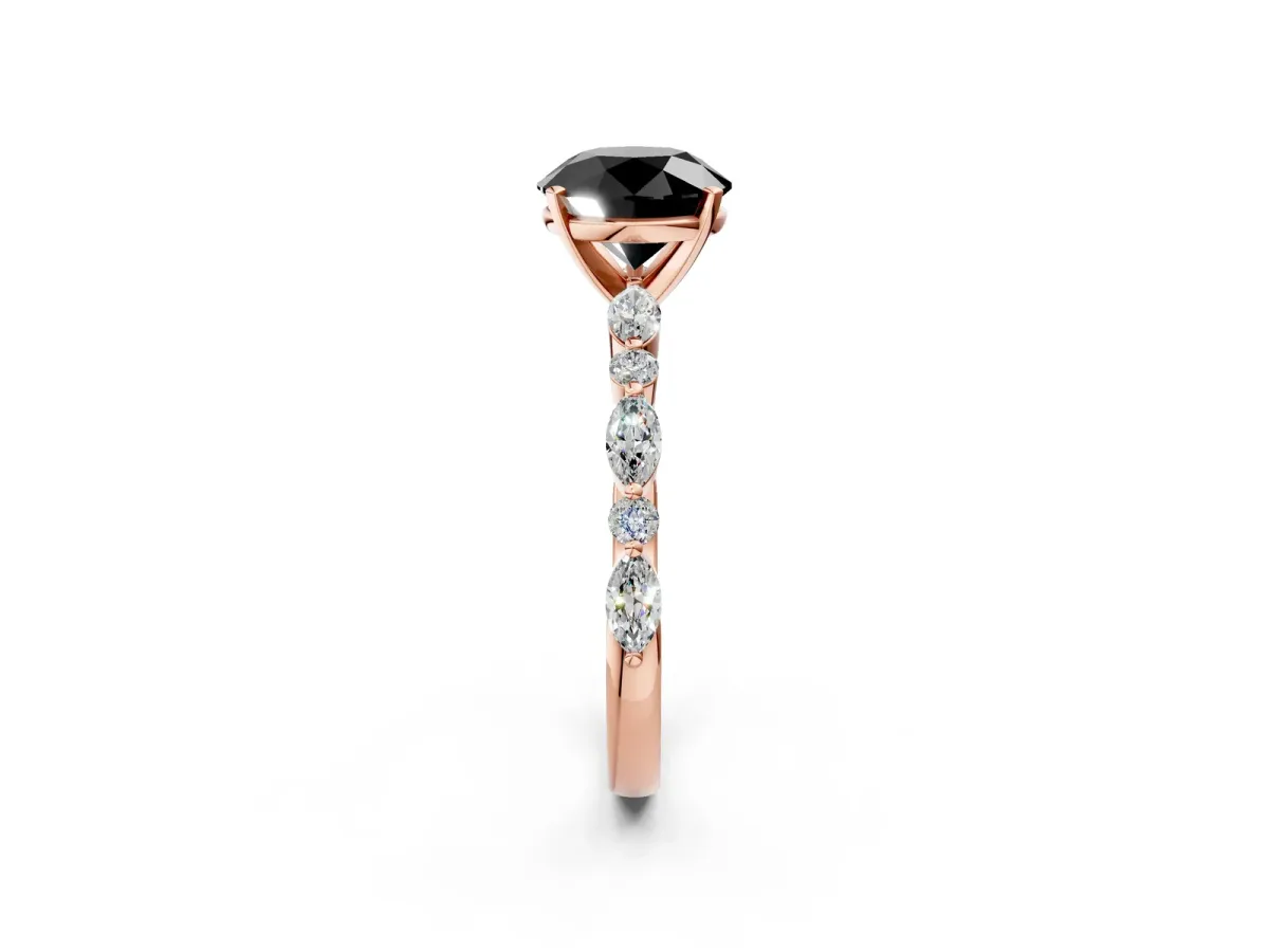 Fancy Black Round Cut Diamond Ring with Marquise and Round Side Stones and Four-Prong Setting Rose gold