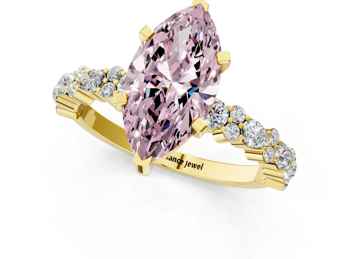 Fancy Pink Marquise Cut Diamond Side Stone Solitaire Ring with Round and Four-Prong Setting Yellow gold