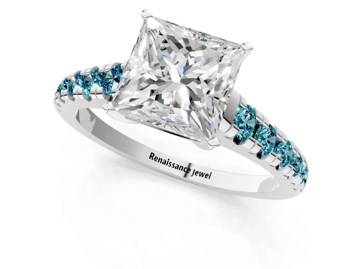 Princess Cut Diamond Cathedral Solitaire Ring with Round Blue Topaz Pavé Band Silver