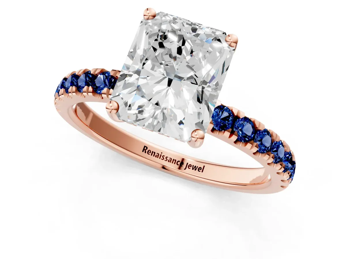 Radiant Cut Diamond Pave Band Solitaire Ring with Round Blue Sapphire and Prong Setting Rose gold