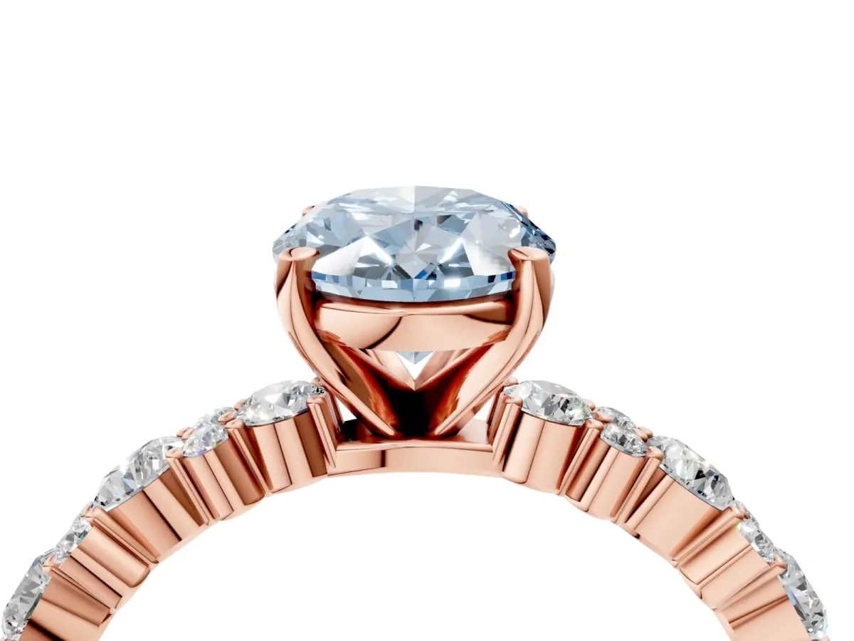 Fancy Blue Oval Cut Diamond Side Stone Solitaire Ring with Round and Four-Prong Setting Rose gold