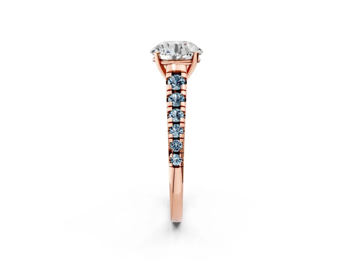 Round Cut Diamond Cathedral Solitaire Ring with Round Aquamarine Pavé Band Rose gold