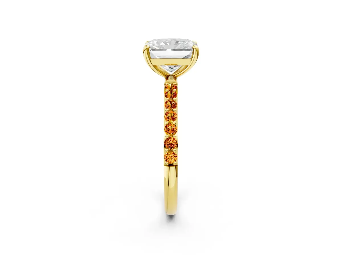 Radiant Cut Diamond Solitaire Ring with Round Citrine Pavé Band and Prong Setting Yellow gold