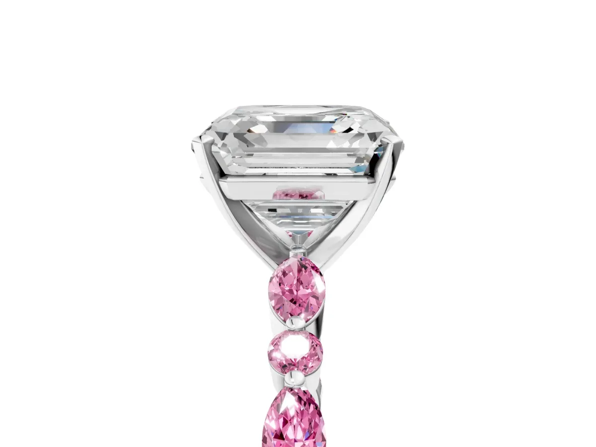 Asscher Cut Diamond Ring with Marquise and Round Pink Sapphire Side Stones and Four-Prong Setting Silver
