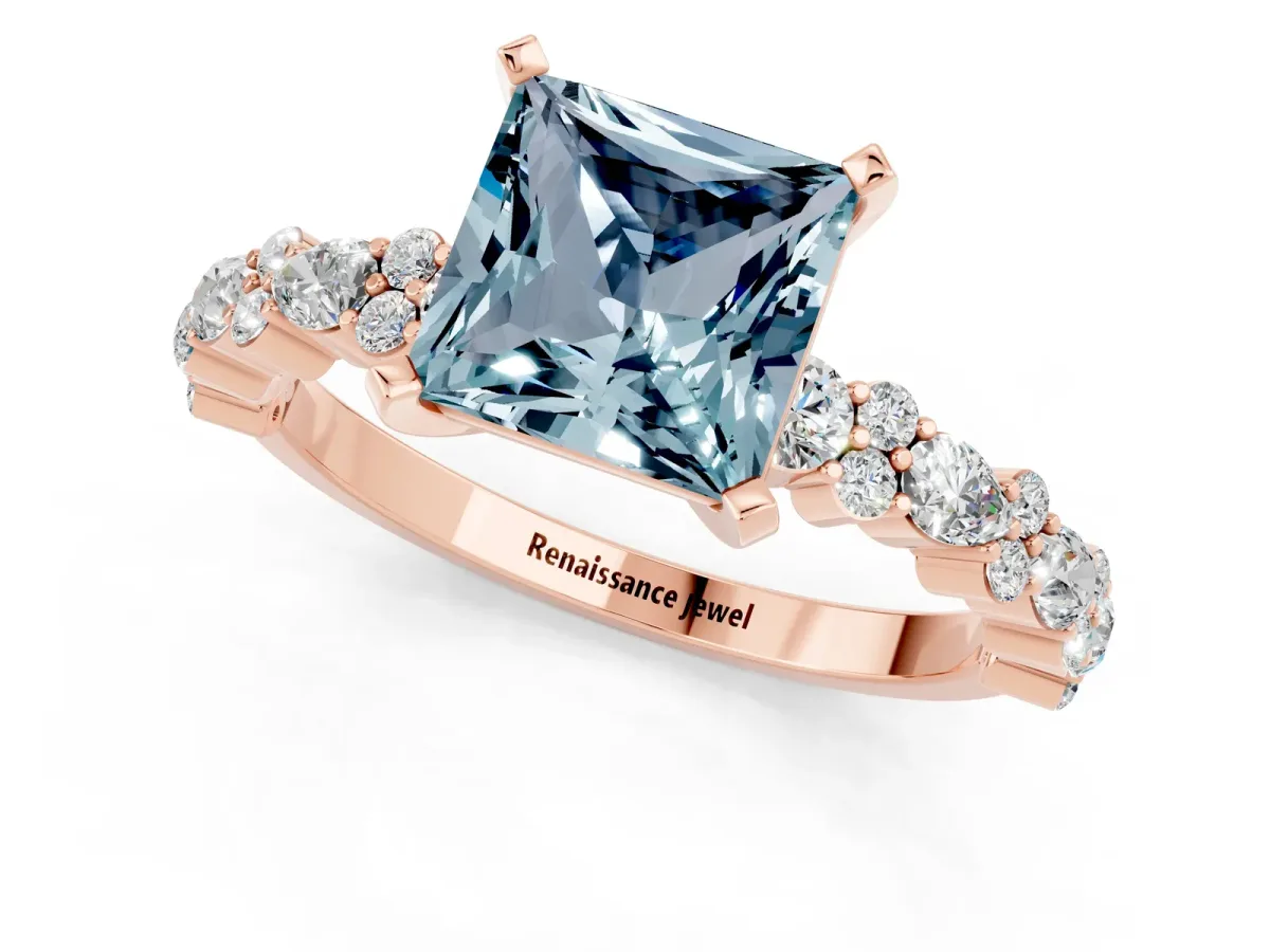 Princess Cut Aquamarine Side Stone Solitaire Ring with Round and Four-Prong Setting Rose gold