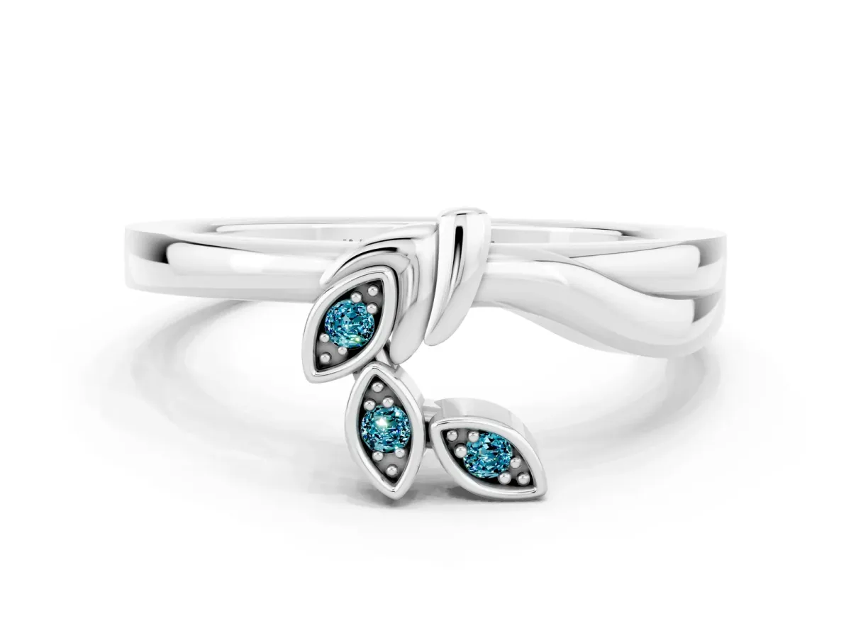 Three-Stone Round Blue Topaz Leaf Bypass Ring with Bezel Setting White gold