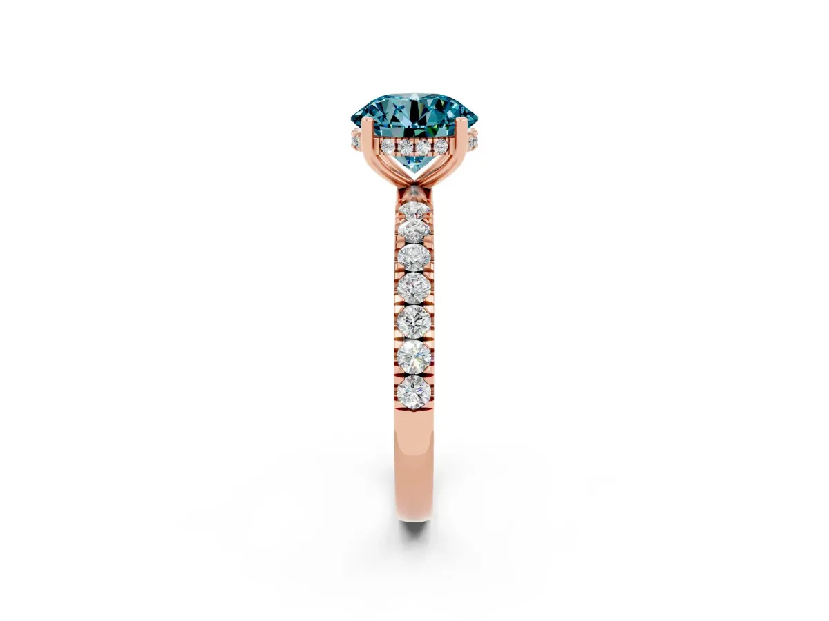 Round Cut Blue Topaz Pave Band Solitaire Ring with Round and Prong Setting Rose gold