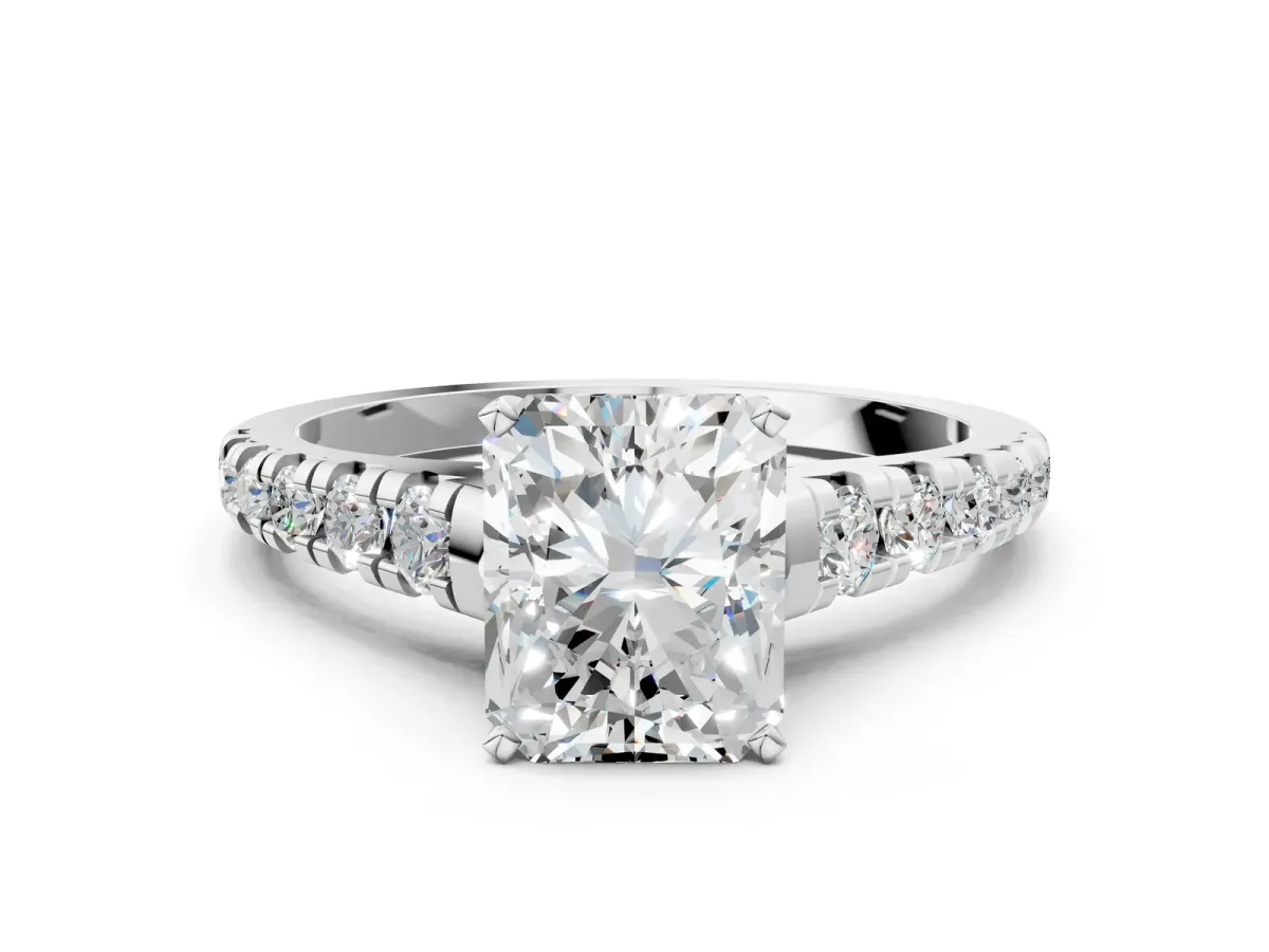 Radiant Cut Diamond Cathedral Solitaire Ring with Round Moissanite Pavé Band Platinum