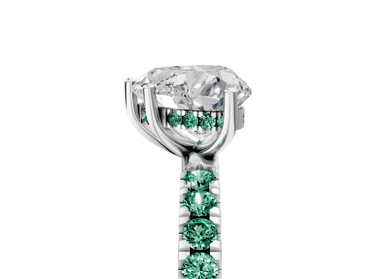 Heart Cut Diamond Pave Band Solitaire Ring with Round Green Sapphire and Prong Setting White gold