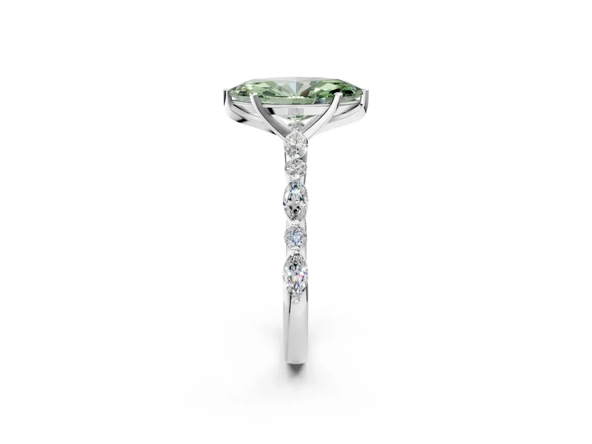 Fancy Green Marquise Cut Diamond Ring with Marquise and Round Side Stones and Four-Prong Setting Silver