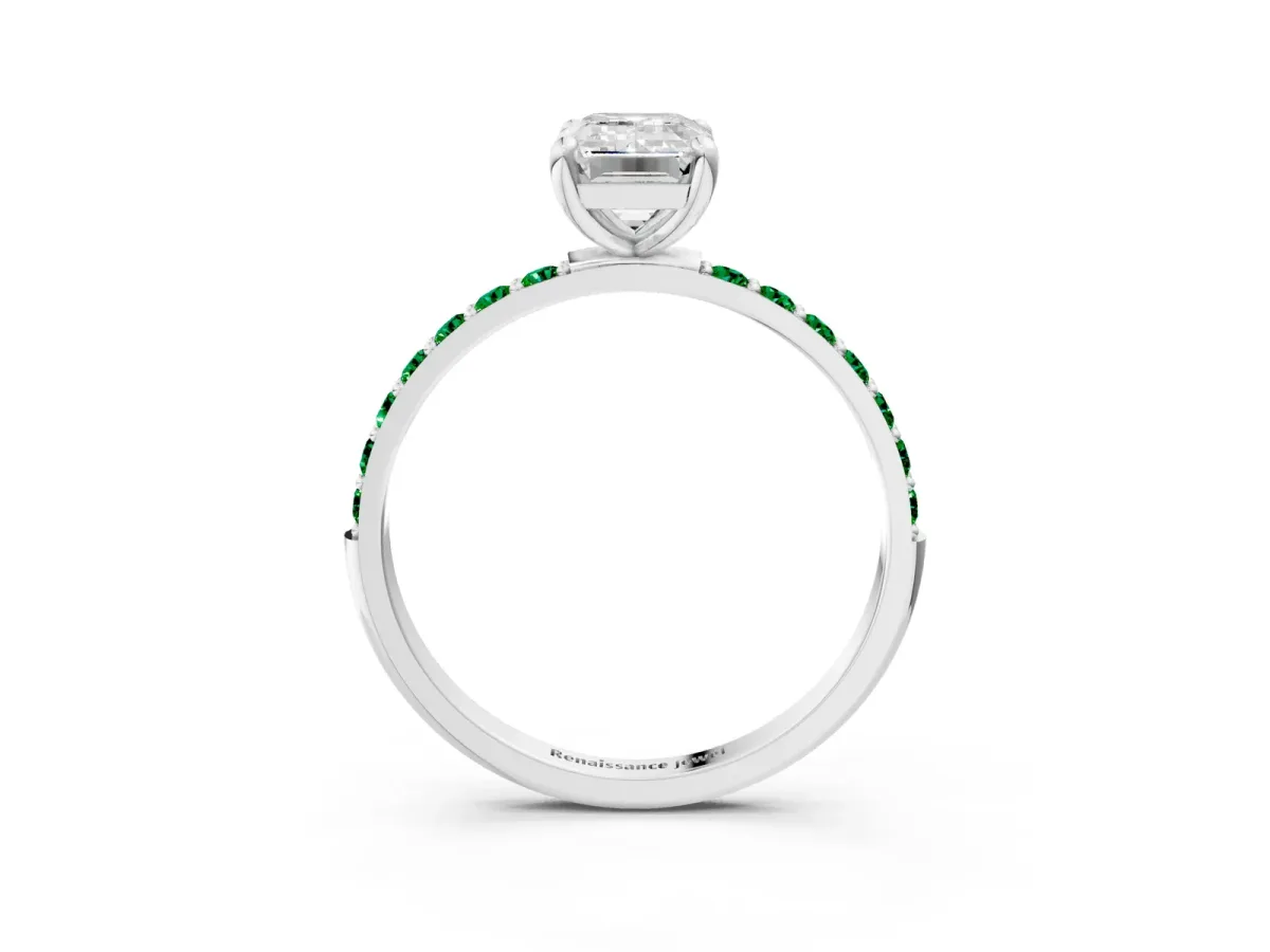 Emerald Cut Diamond Solitaire Ring with Round Emerald Pavé Band and Prong Setting White gold