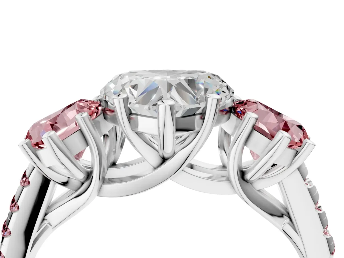 Three-Stone Heart Cut Diamond Ring with Round Morganite Pavé Band and Prong Setting White gold
