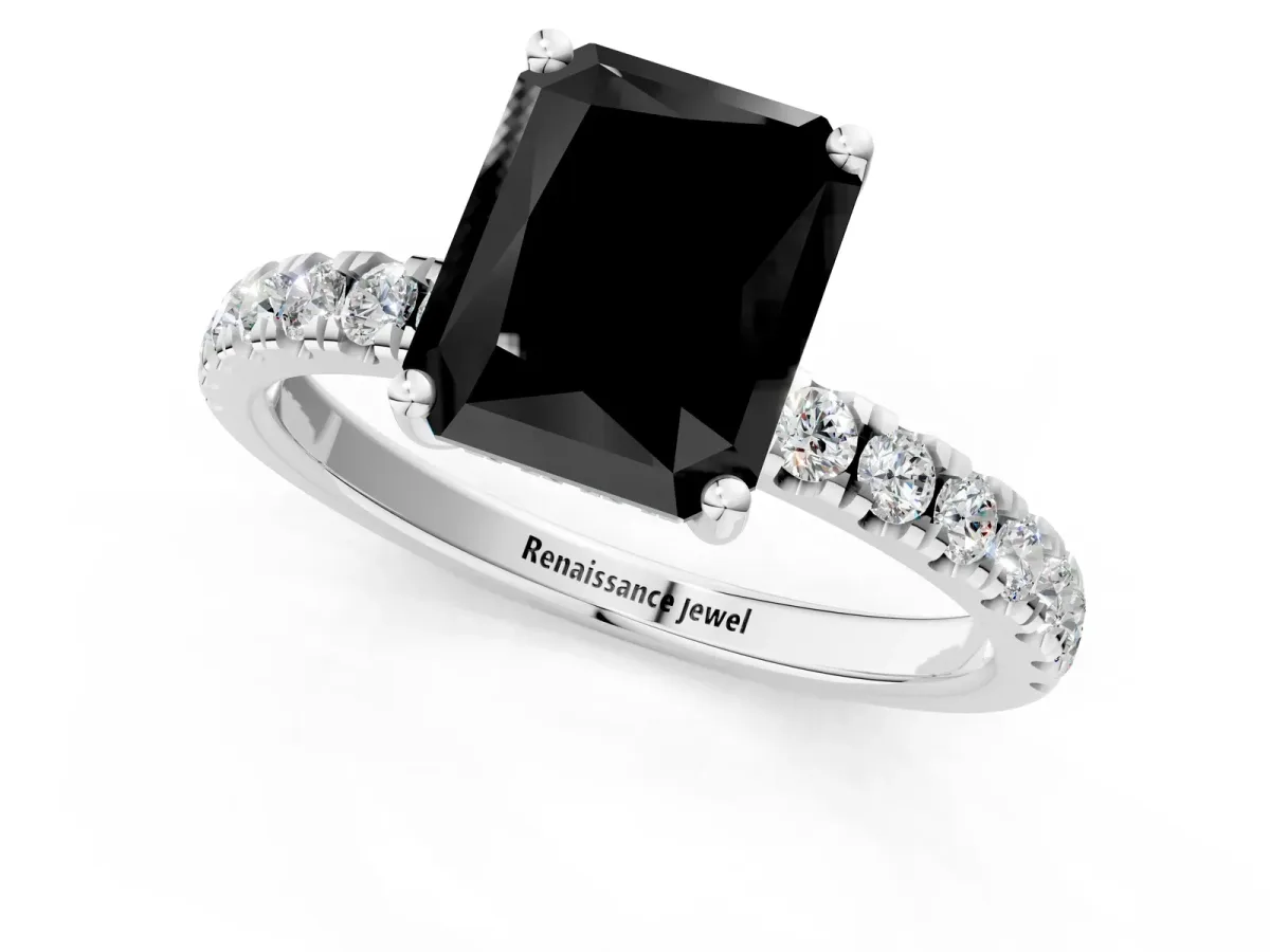 Fancy Black Radiant Cut Diamond Pave Band Solitaire Ring with Round and Prong Setting Silver