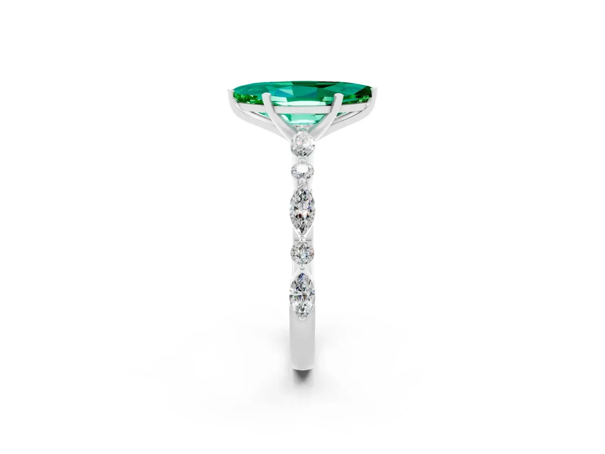 Marquise Cut Emerald Ring with Marquise and Round Side Stones and Four-Prong Setting Platinum