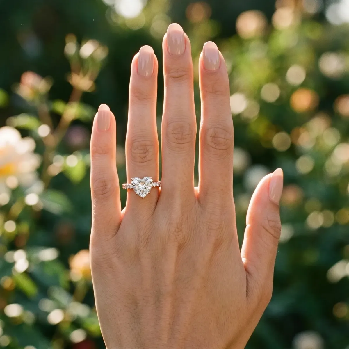 Heart Cut Diamond Pave Band Solitaire Ring with Round and Prong Setting Rose gold
