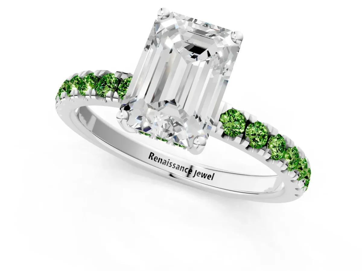 Emerald Cut Diamond Pave Band Solitaire Ring with Round Peridot and Prong Setting Platinum