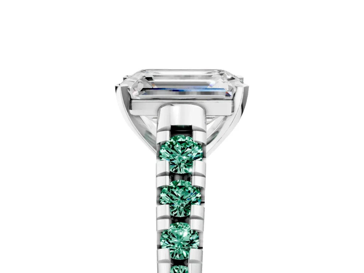 Emerald Cut Diamond Cathedral Solitaire Ring with Round Green Sapphire Pavé Band Silver
