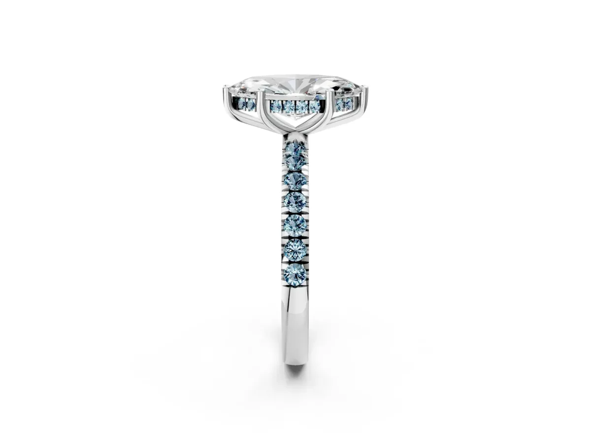 Marquise Cut Diamond Pave Band Solitaire Ring with Round Aquamarine and Prong Setting Silver