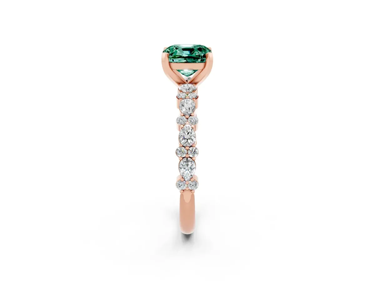 Cushion Cut Green Sapphire Side Stone Solitaire Ring with Round and Four-Prong Setting Rose gold