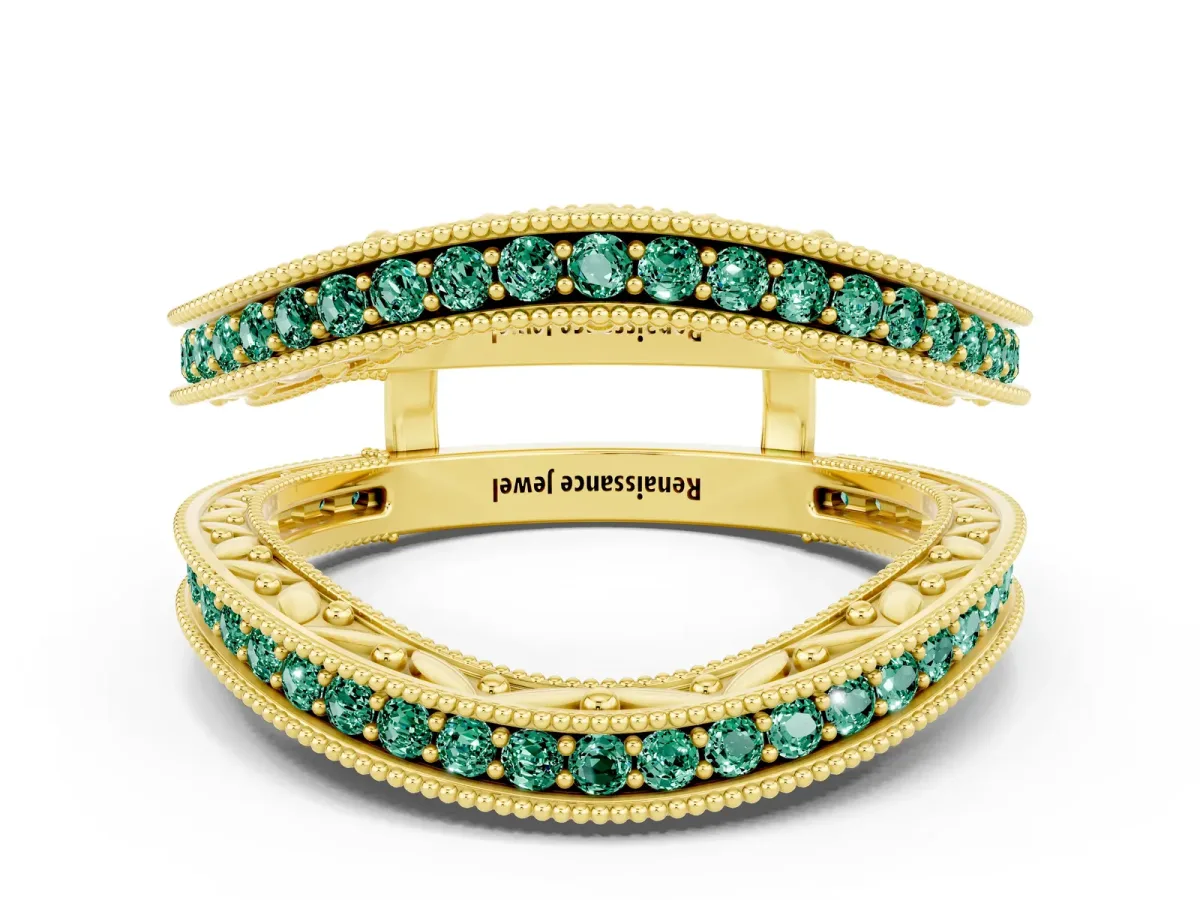Round Green Sapphire Milgrain Eternity Band with Channel Setting Yellow gold