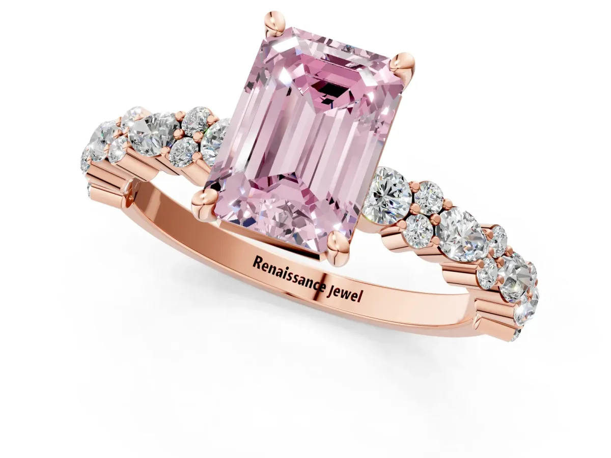 Fancy Pink Emerald Cut Diamond Side Stone Solitaire Ring with Round and Four-Prong Setting Rose gold