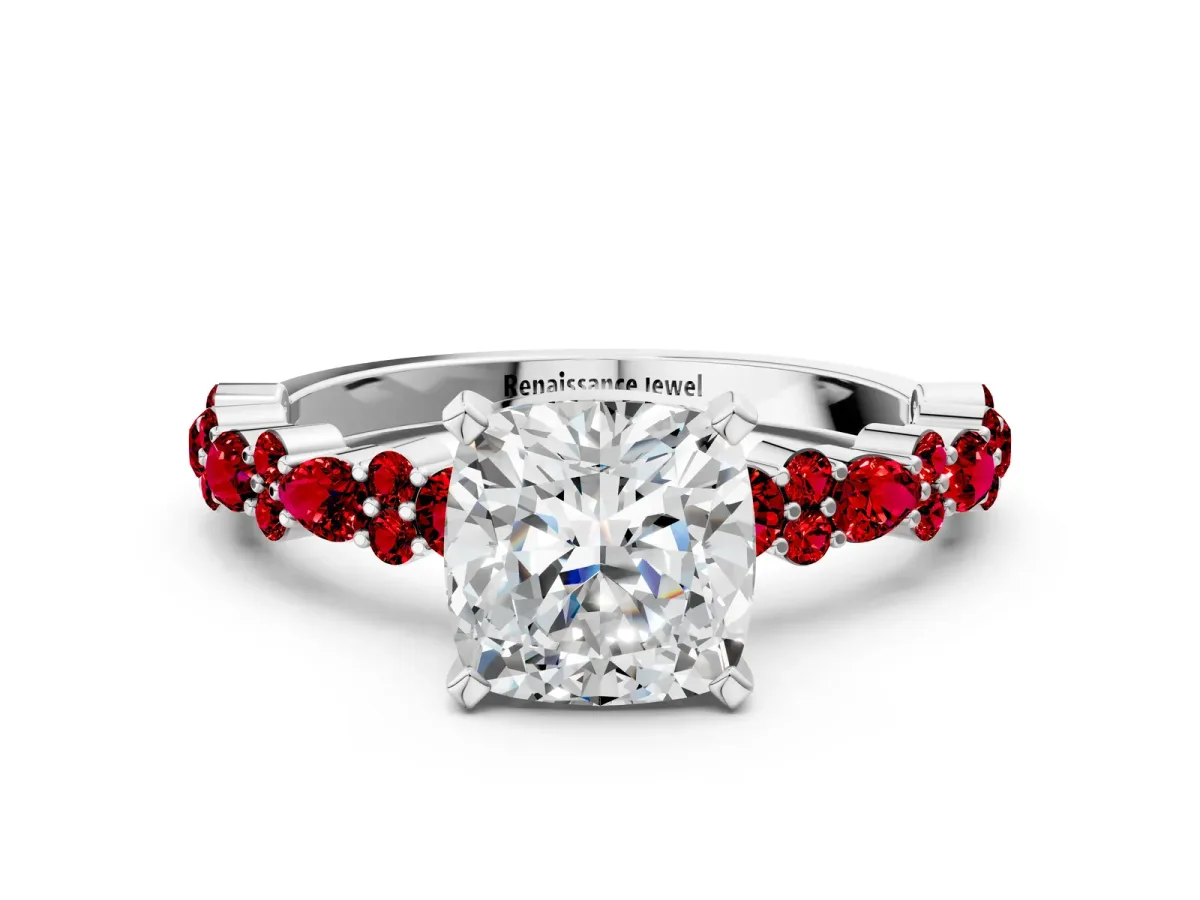 Cushion Cut Diamond Side Stone Solitaire Ring with Round Ruby and Four-Prong Setting Silver