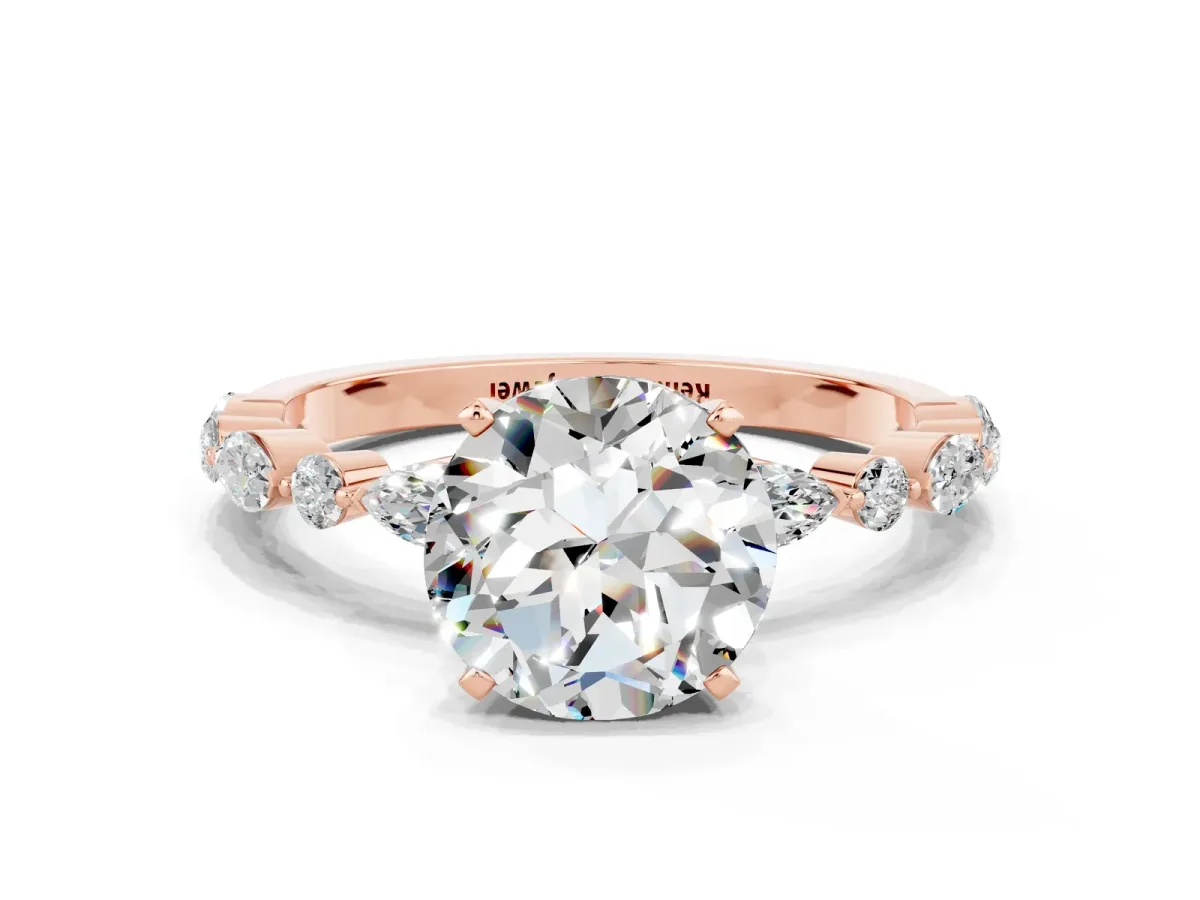 Round Cut Moissanite Ring with Marquise and Round Side Stones and Four-Prong Setting Rose gold