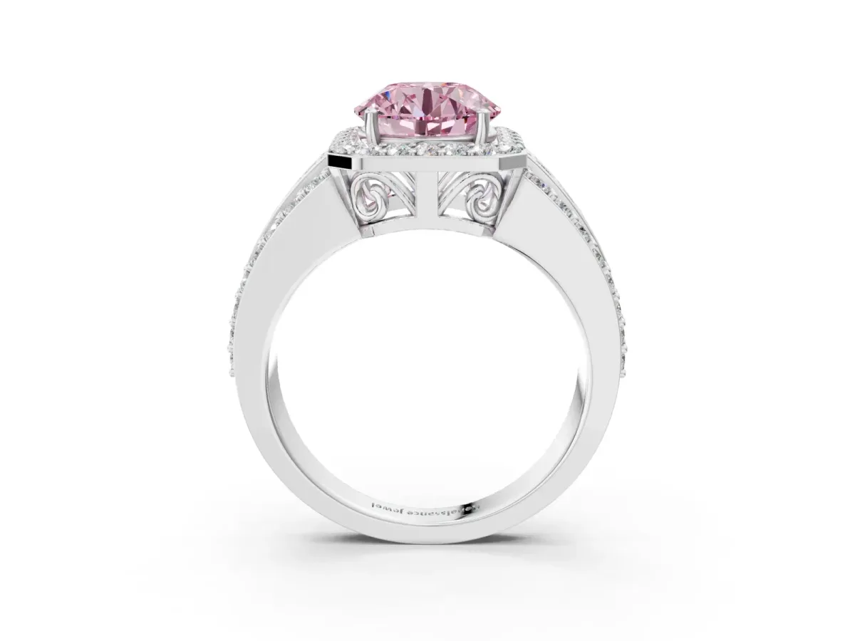 Fancy Pink Round Cut Halo Diamond Ring with Round Split Shank and Prong Setting White gold