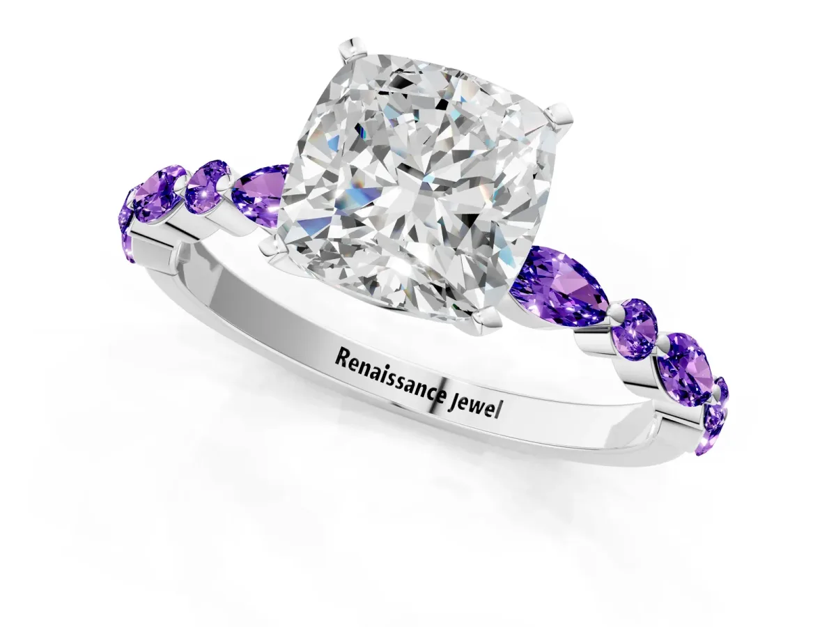 Cushion Cut Diamond Ring with Marquise and Round Tanzanite Side Stones and Four-Prong Setting Silver