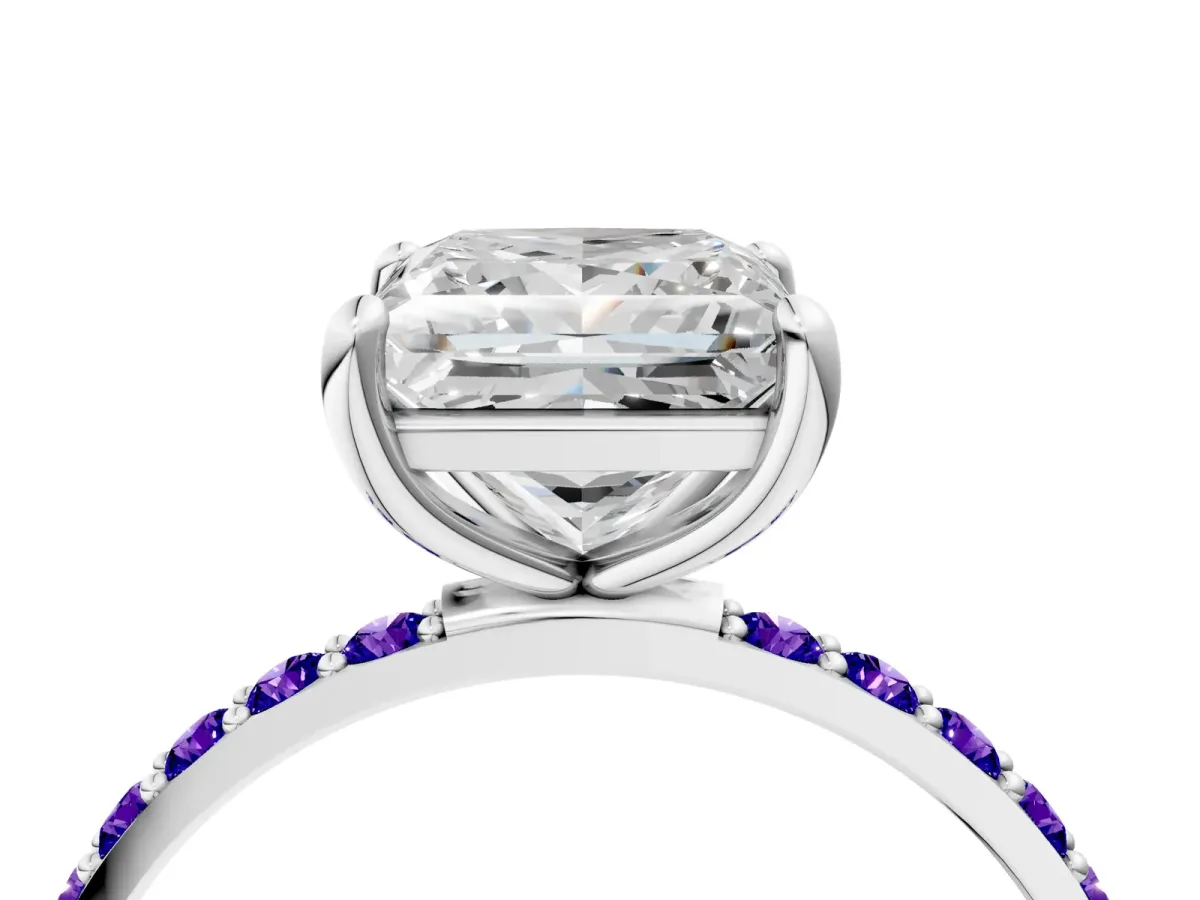 Princess Cut Diamond Solitaire Ring with Round Tanzanite Pavé Band and Prong Setting Silver