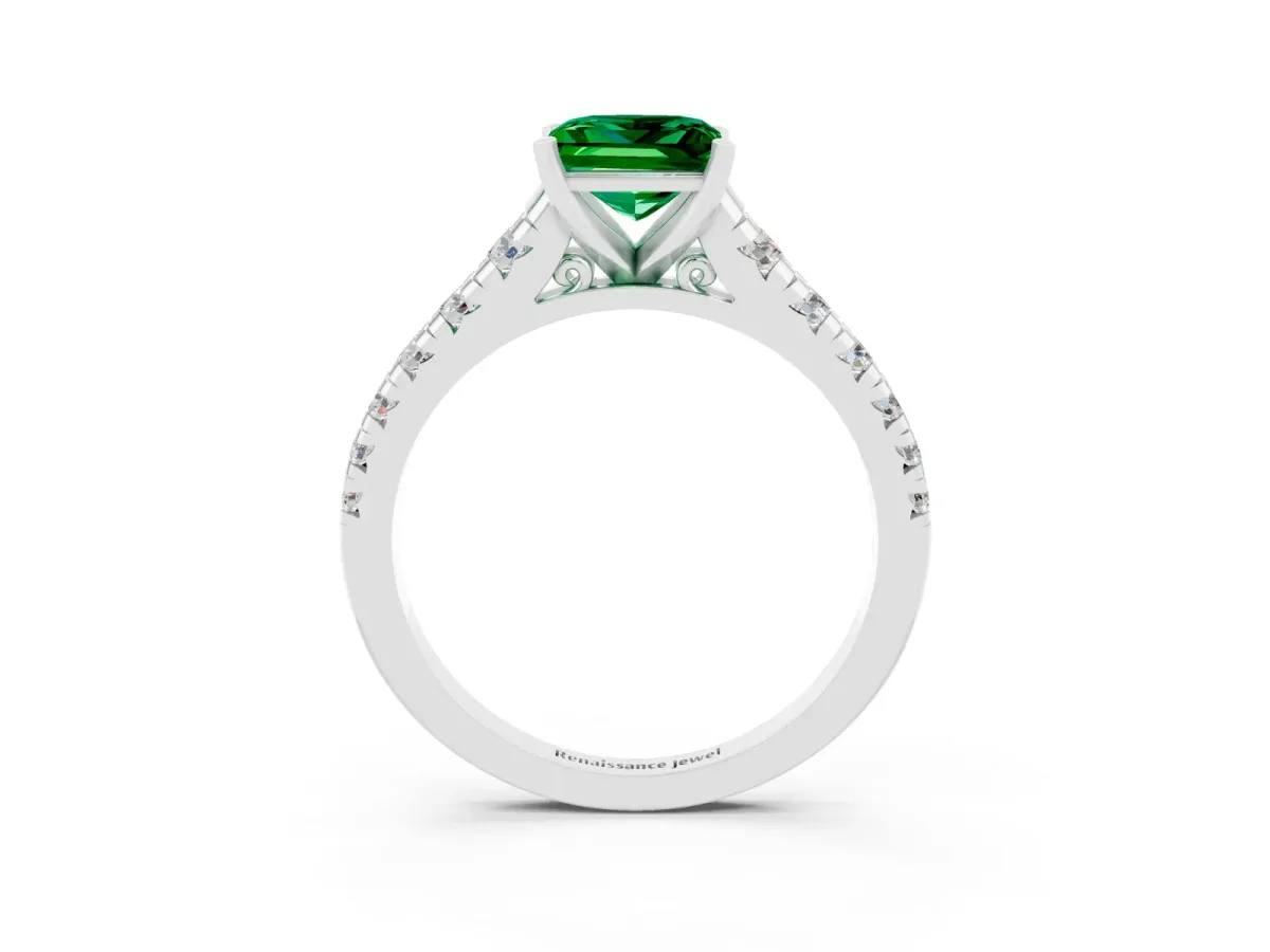 Princess Cut Emerald Cathedral Solitaire Ring with Round Pavé Band Silver