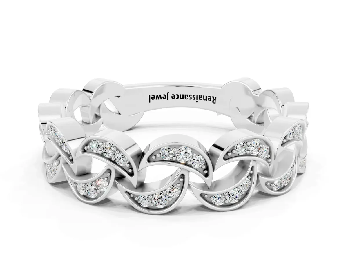 Pavé Round Moissanite Interlocking Eternity Band with Bezel Prong Setting Silver