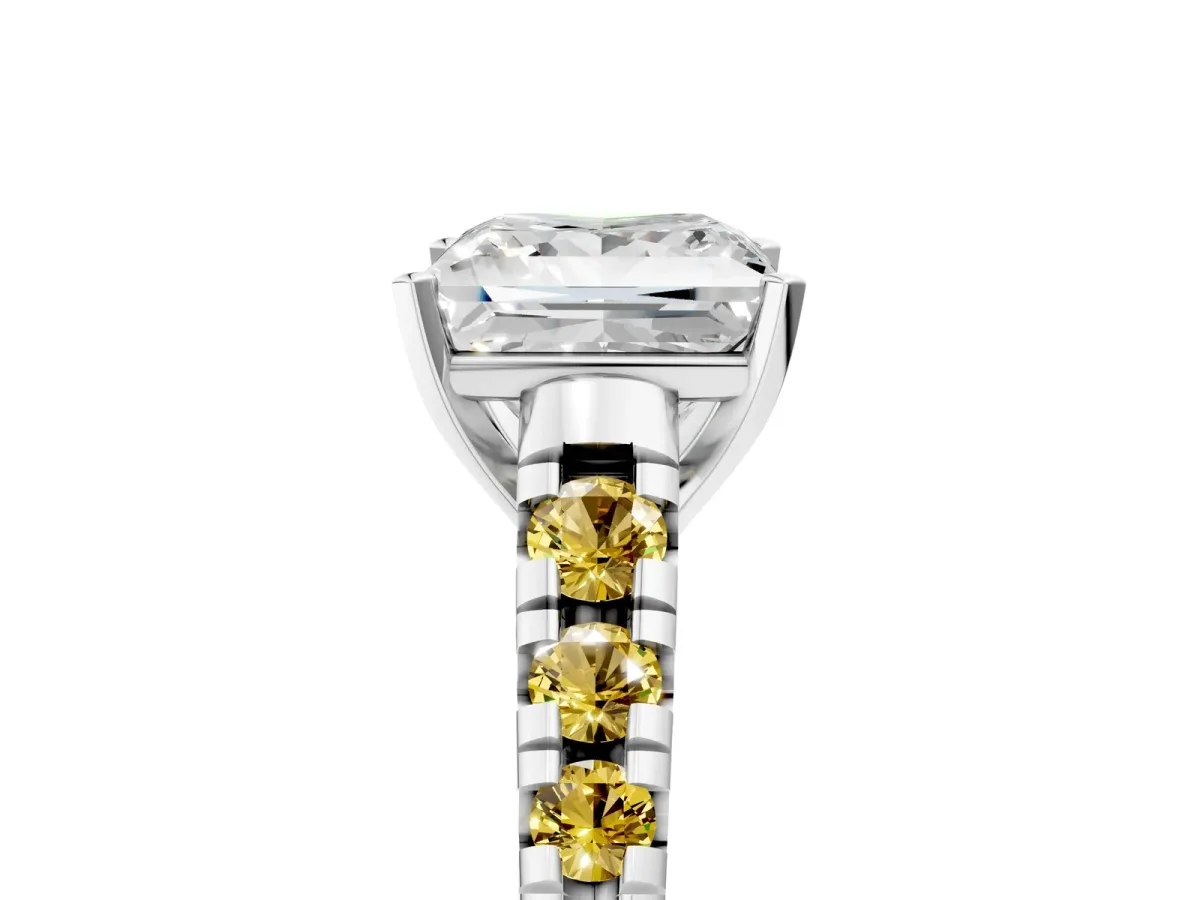 Princess Cut Diamond Cathedral Solitaire Ring with Round Yellow Sapphire Pavé Band Silver