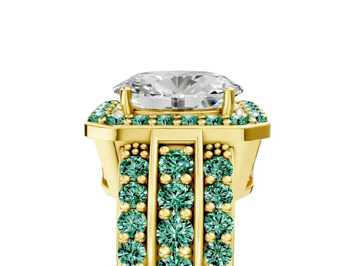 Oval Cut Halo Diamond Ring with Round Green Sapphire Split Shank and Prong Setting Yellow gold