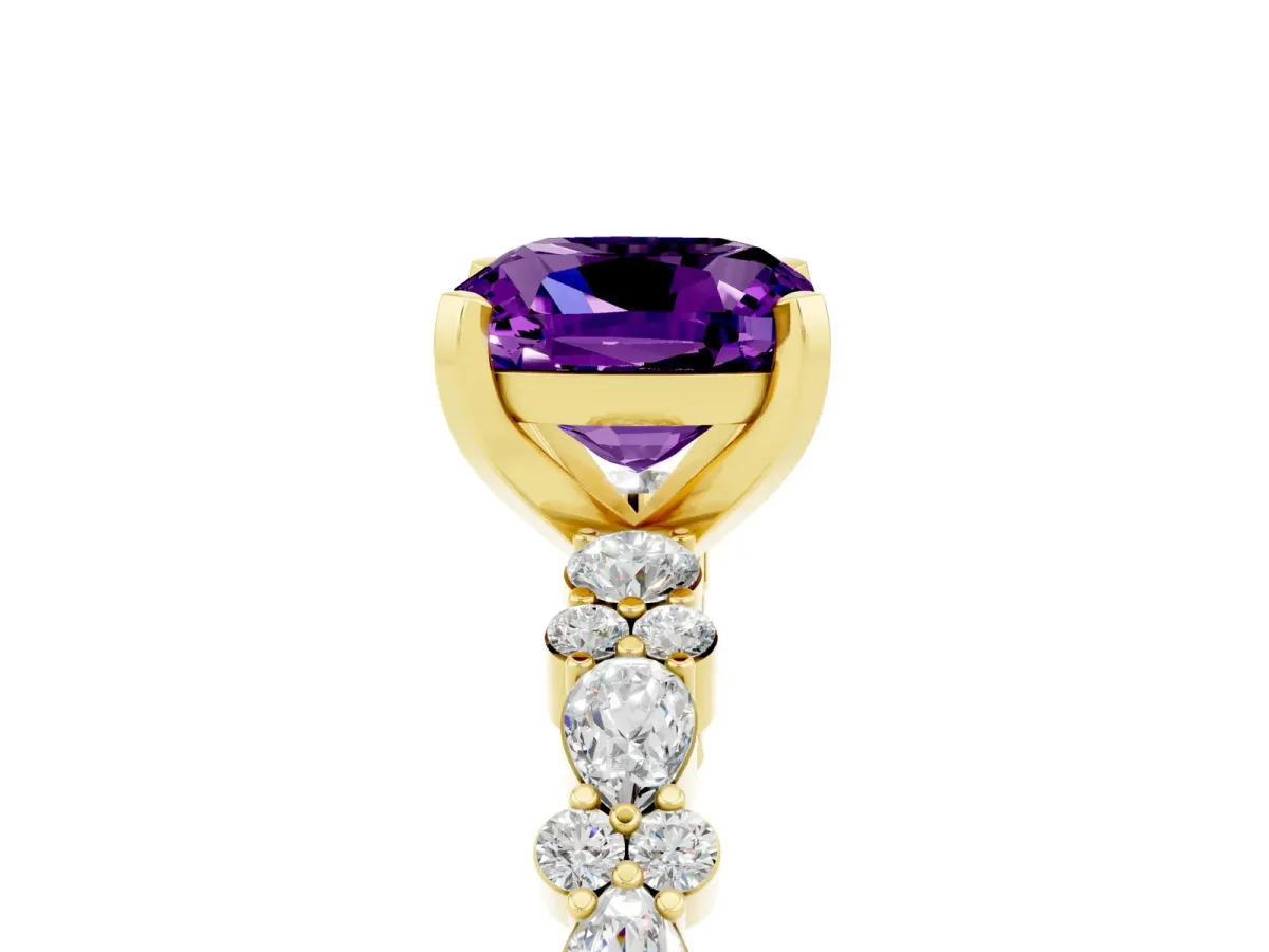 Cushion Cut Amethyst Side Stone Solitaire Ring with Round and Four-Prong Setting Yellow gold