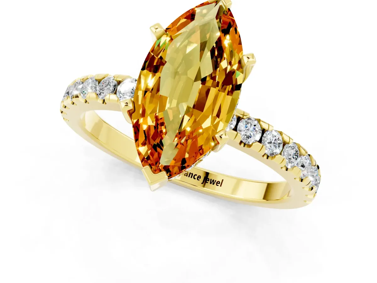 Marquise Cut Citrine Solitaire Ring with Round Pavé Band and Four-Prong Setting Yellow gold