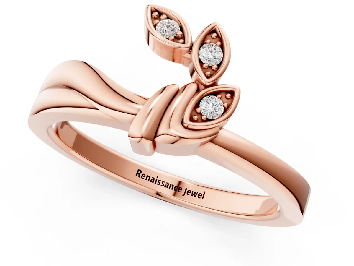 Three-Stone Round Diamond Leaf Bypass Ring with Bezel Setting Rose gold