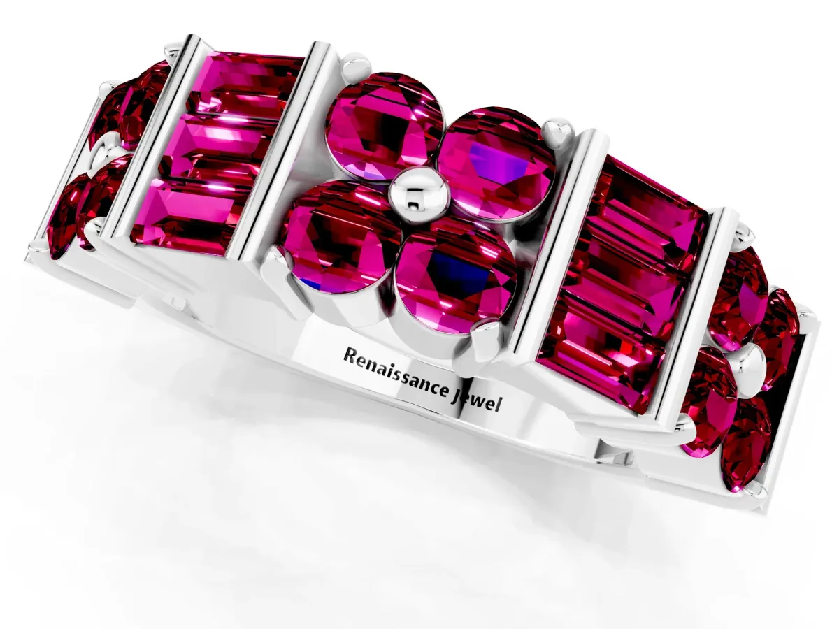 Channel Set Round and Baguette Garnet Anniversary Band with Prong Setting Platinum