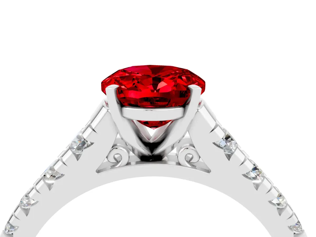 Oval Cut Ruby Cathedral Solitaire Ring with Round Pavé Band Platinum