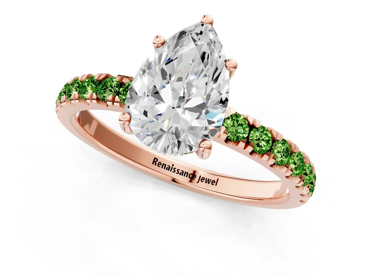 Pear Cut Diamond Pave Band Solitaire Ring with Round Peridot and Prong Setting Rose gold