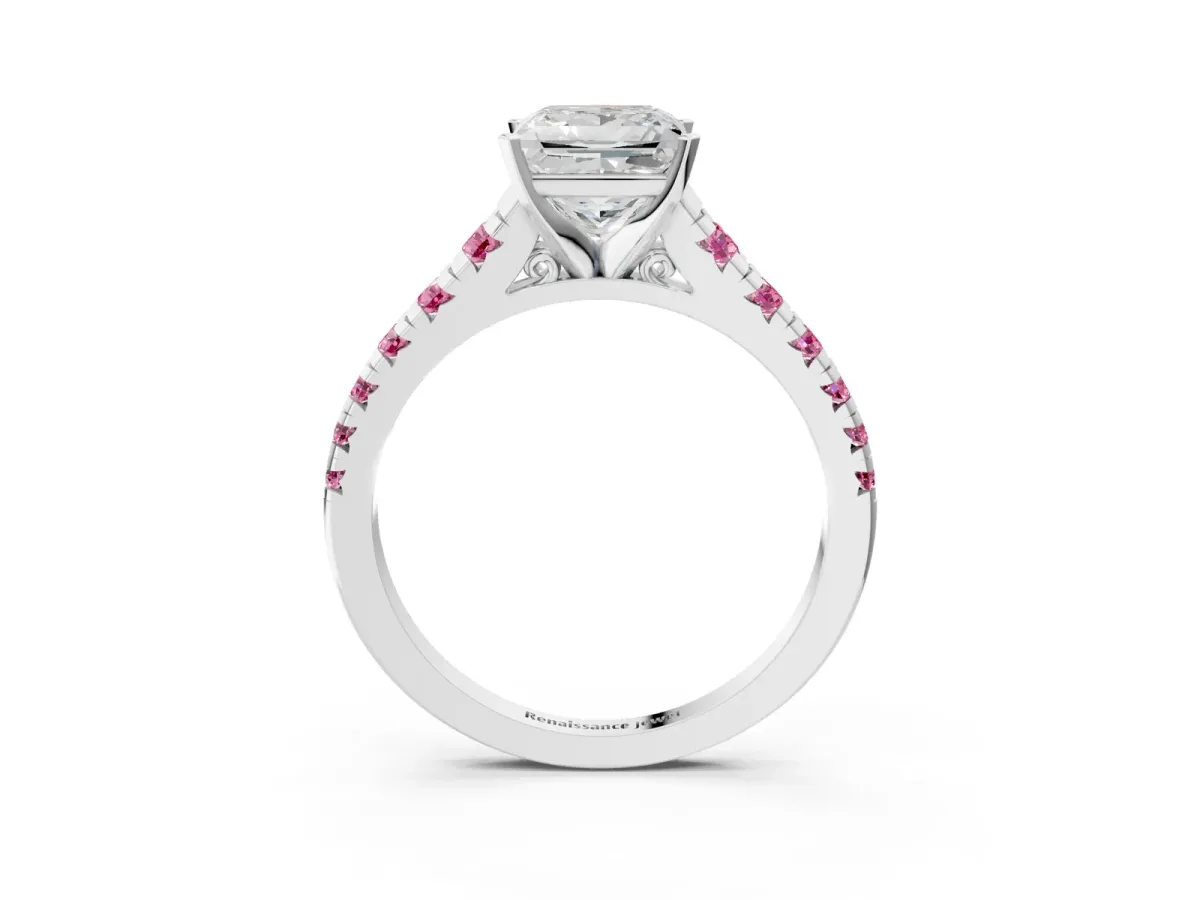 Princess Cut Diamond Cathedral Solitaire Ring with Round Pink Sapphire Pavé Band Silver