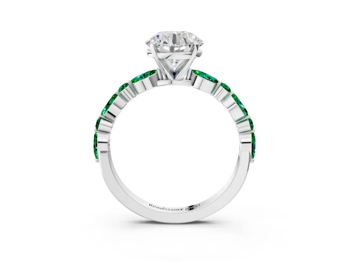 Round Cut Diamond Ring with Marquise and Round Emerald Side Stones and Four-Prong Setting Platinum