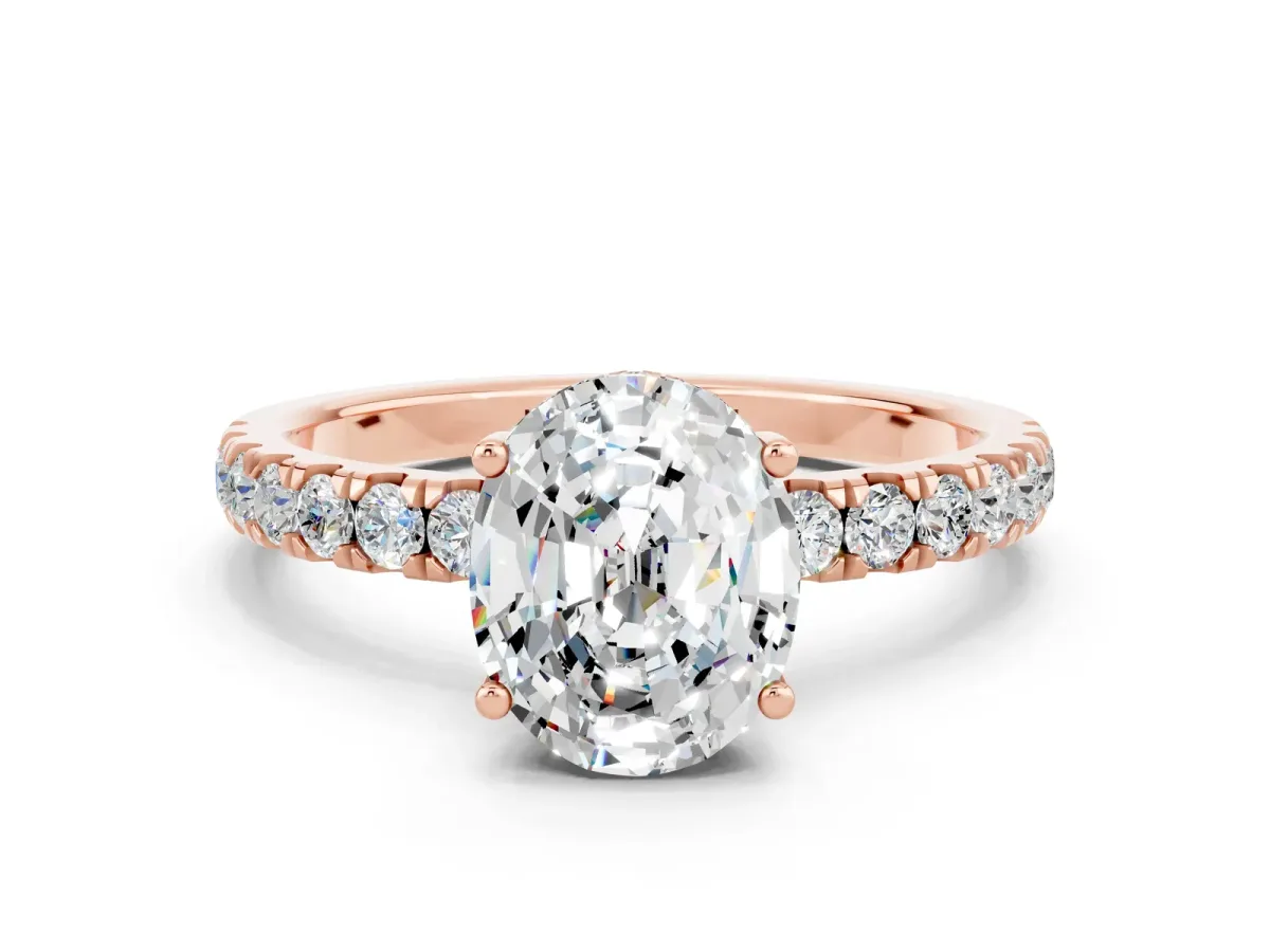 Oval Cut Moissanite Pave Band Solitaire Ring with Round and Prong Setting Rose gold