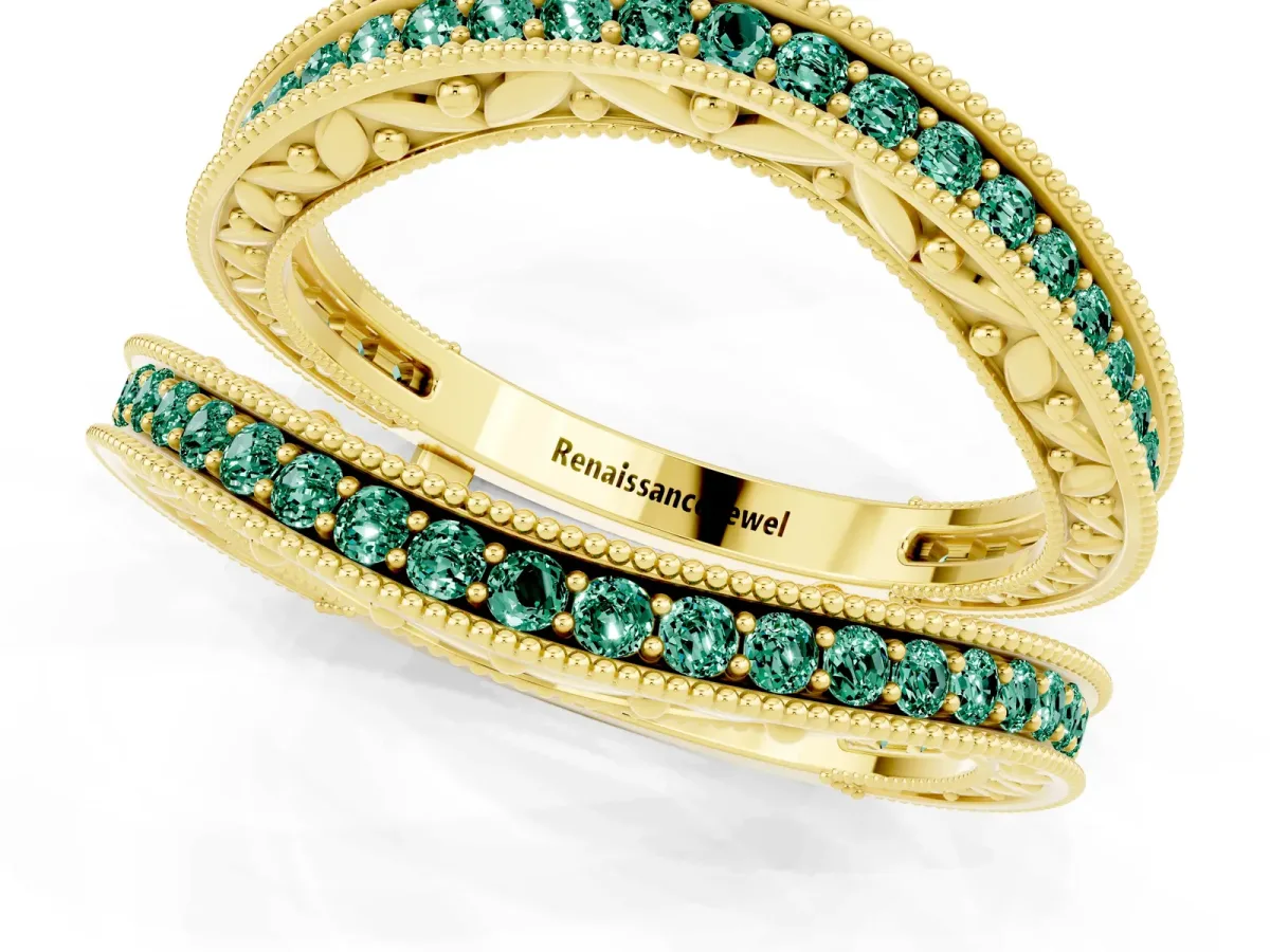 Round Green Sapphire Milgrain Eternity Band with Channel Setting Yellow gold