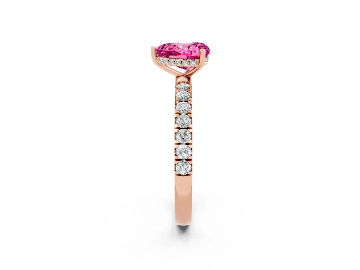 Heart Cut Pink Sapphire Pave Band Solitaire Ring with Round and Prong Setting Rose gold