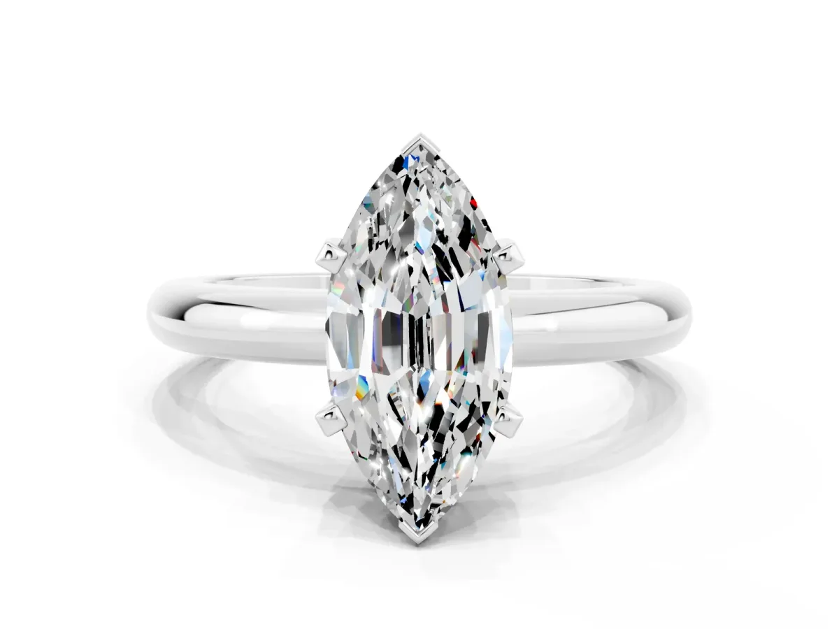 Marquise Cut Moissanite Solitaire Engagement Ring with Round Band and Four-Prong Setting Silver